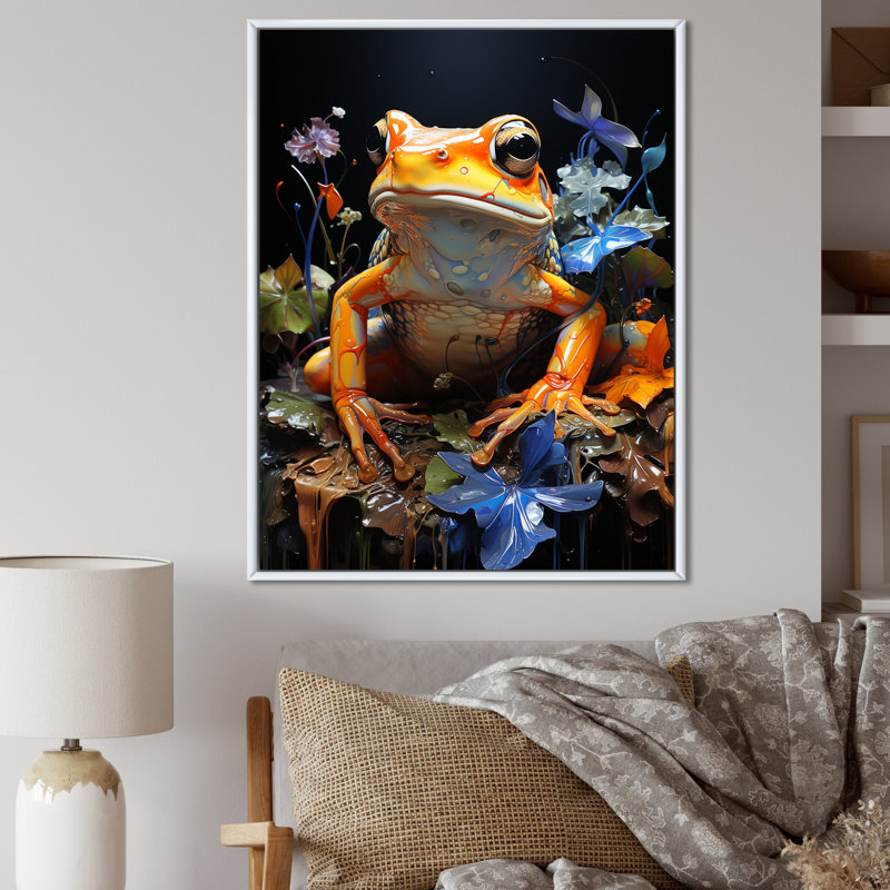 Grenouille orange sur verre, impression sur toile, Cadre flottant blanc, H 32 po x l 16 po x P 1 po