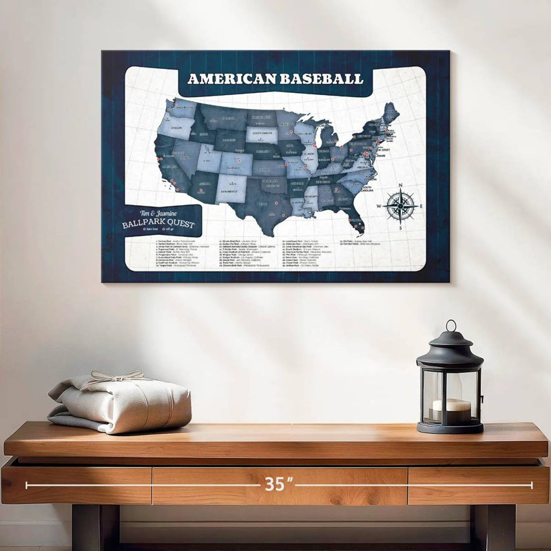 Personalized Baseball Push Pin Hobby Map I, 16" H x 24" W, Yes