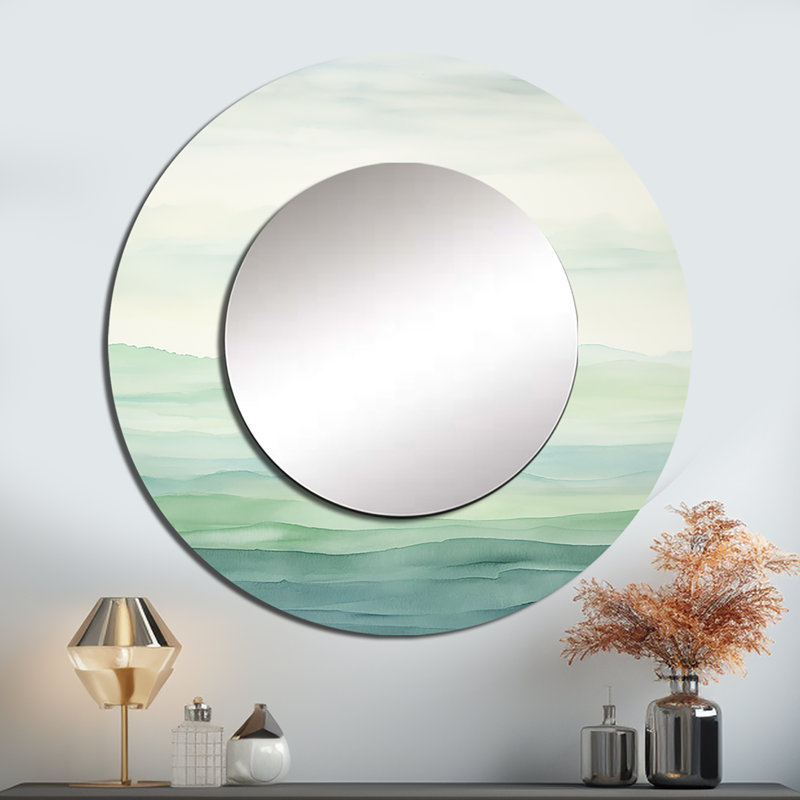 Seferino Minimalisme harmonique horizon paysage I - miroir minimaliste, miroir mural rond vert unique, art imprimé en métal