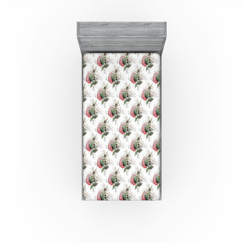 Ambesonne Nature Fitted Sheet Leaves Botanical Style Art, Twin Fitted Sheet, Ivory/Jade Green/Rose Floral