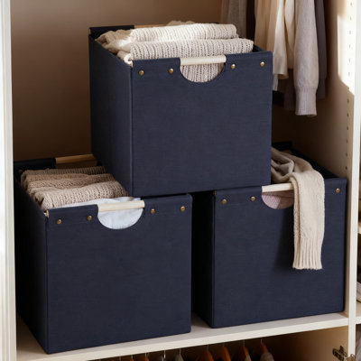 Collapsible Storage Bins 3-Pack With Wooden Handles, 12X12x12 Inch Foldable Fabric Storage Cubes With Sturdy Cardboard Base For Home Organization