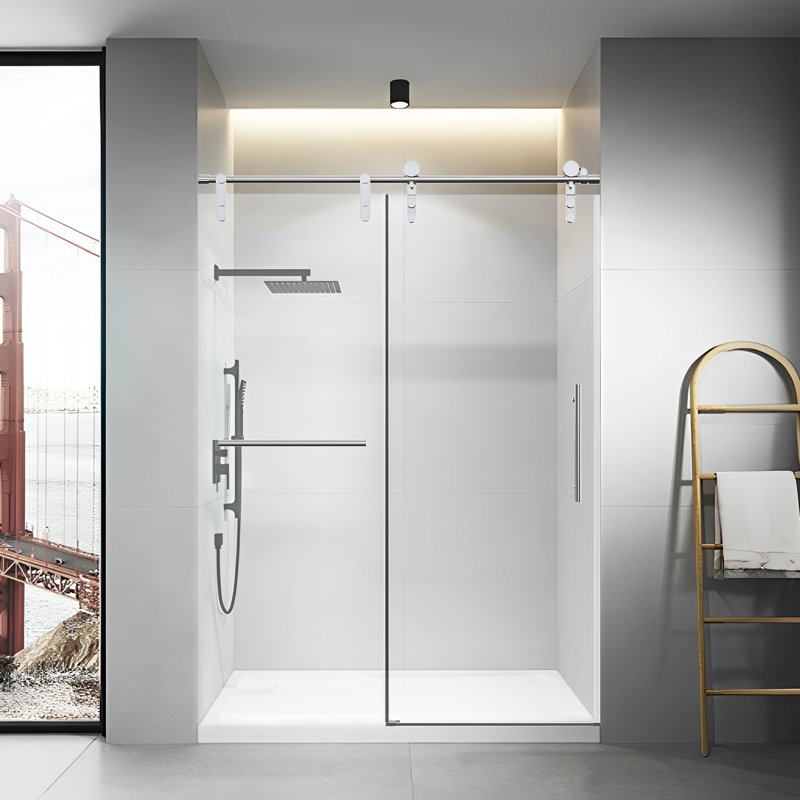 50-54" W * 76" H Frameless Single Sliding Shower Doors Without Soft-close, Bathroom Sliding Shower Door With Towel Rail And Auxiliary Handle, 5/16" (8mm) Thick Sgcc Tempered Glass Door, Chrome