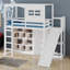 Lit mezzanine en bois avec garde-robe, tablettes de rangement, glissoire et DEL