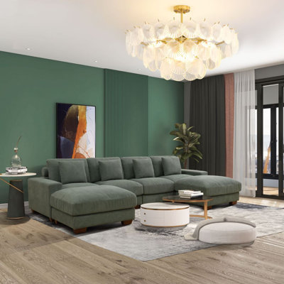 Green Corduroy 6-Piece Living Room Sofa Set 4 Seater And 2 Ottoman