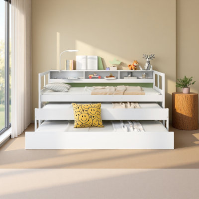 Wood Daybed With 2 Trundles, 3 Storage Cubbies, 1 Light For Free And USB Charging Design