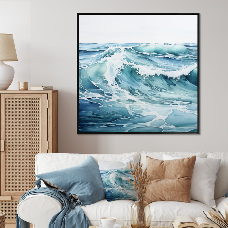 «Teal Minimalisme Tranquil Waters», reproduction sur toile, Cadre flottant noir, H 24 po x l 24 po x P 1 po