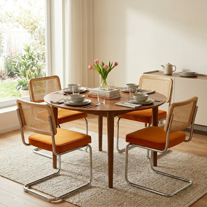19.3" H Modern Rattan Dinning Chairs,Velvet Dining Chairs with Metal Frame (Set of 4) ﻿, Orange, Silver