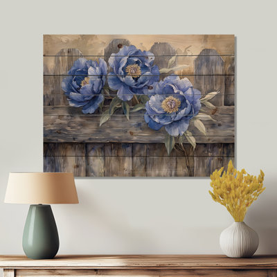 Pivoines bleues par la clôture I - Art mural en bois pivoines - sur bois de pin naturel
