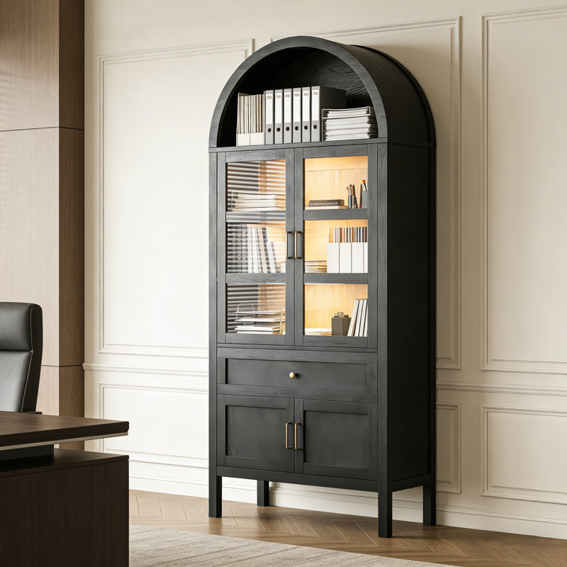71'' Tall Wooden Arched Office Storage Cabinet With Tempered Glass Doors, Drawer, Adjustable Shelves And Led Light