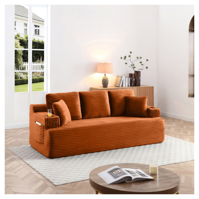 Canapé de sol trois places en velours côtelé sans dossier, 219 cm (86,2 po), avec porte-gobelets et poches latérales, orange