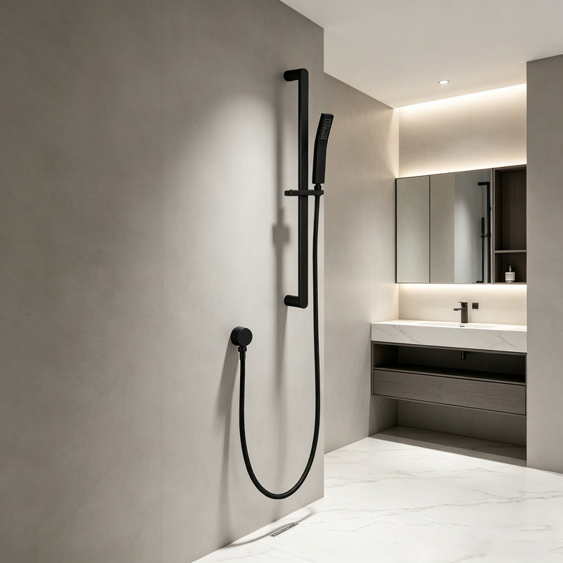 Modern Square Flat-headed Handheld Shower System Wall-mounted Single Handle with Slide Bar，Matte Black, Matte Black