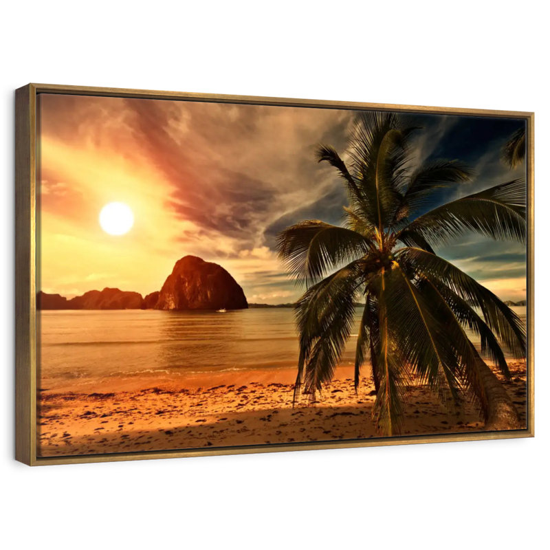 Coucher de soleil sur la plage chaude, Cadre flottant doré, 37 po x 25 po