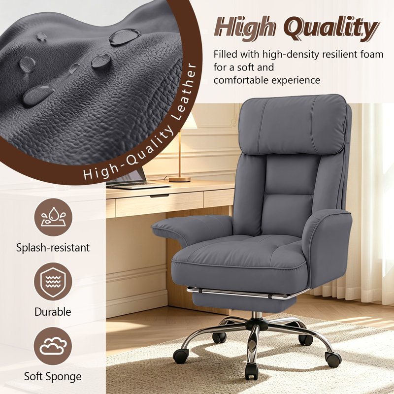 Fauteuil de bureau ergonomique de direction à dossier haut, accoudoirs rabattables et inclinable, repose-pieds rétractable, gris