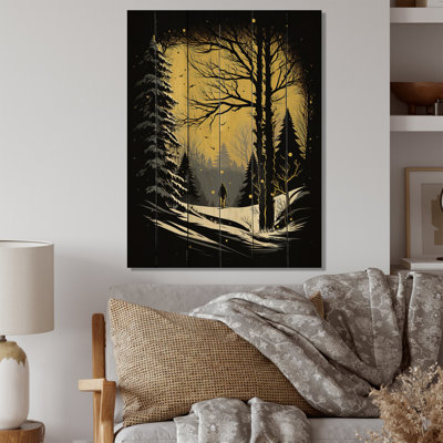 Hiver, arbres dans la forêt de montagne enneigée I - paysage, impression jaune