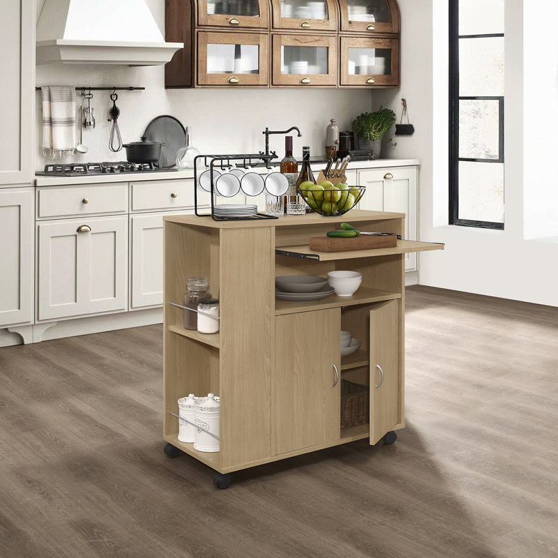 Armira 30" Kitchen Island Rolling Cart on Wheels with Storage Cabinet, Beech