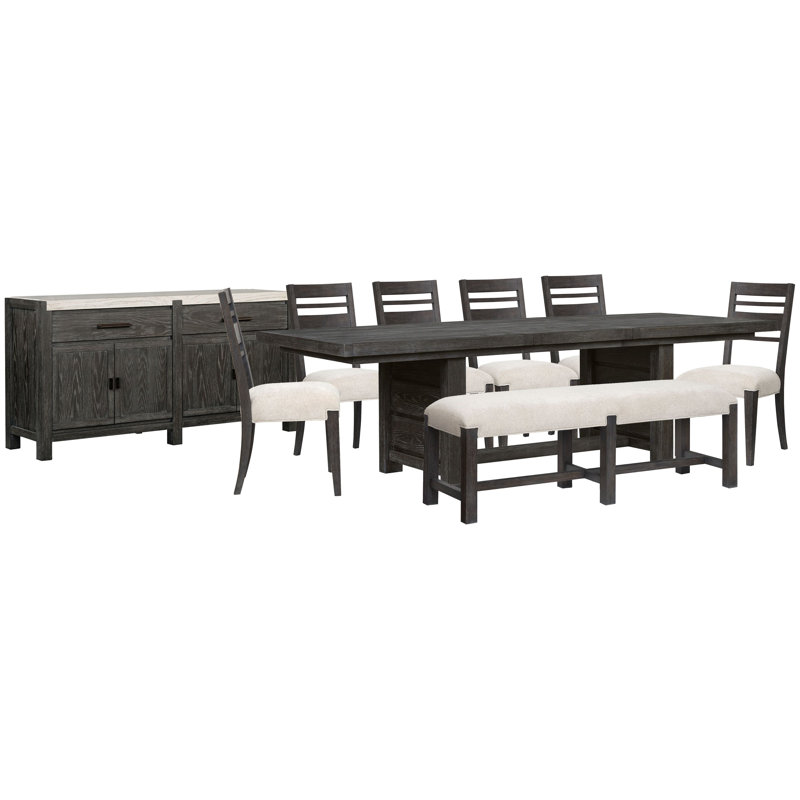 Extendable Trestle Dining Table With 6 Side Chairs Bench And Sideboard, 9 Pieces: Table, 6 Chairs, Bench, Sideboard
