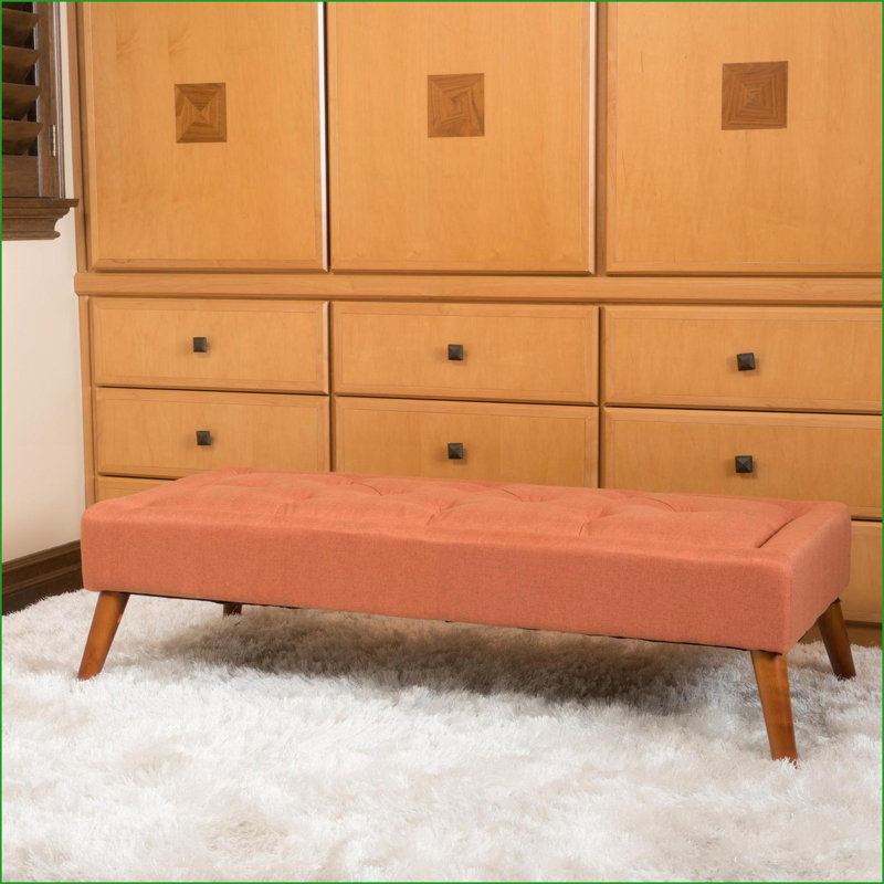 Banc repose-pieds avec rangement, capitonnage à boutons moderne de 50 pouces pour le bout du lit, vestibule | Orange | Bois de bouleau brun foncé