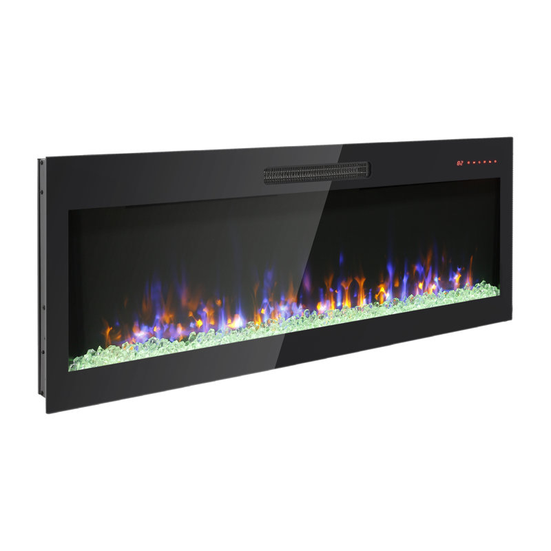 Recessed Ultra Thin Tempered Glass Front Wall Mounted Electric Fireplace With Remote And Multi Color Flame & Emberbed, Led Light Heater