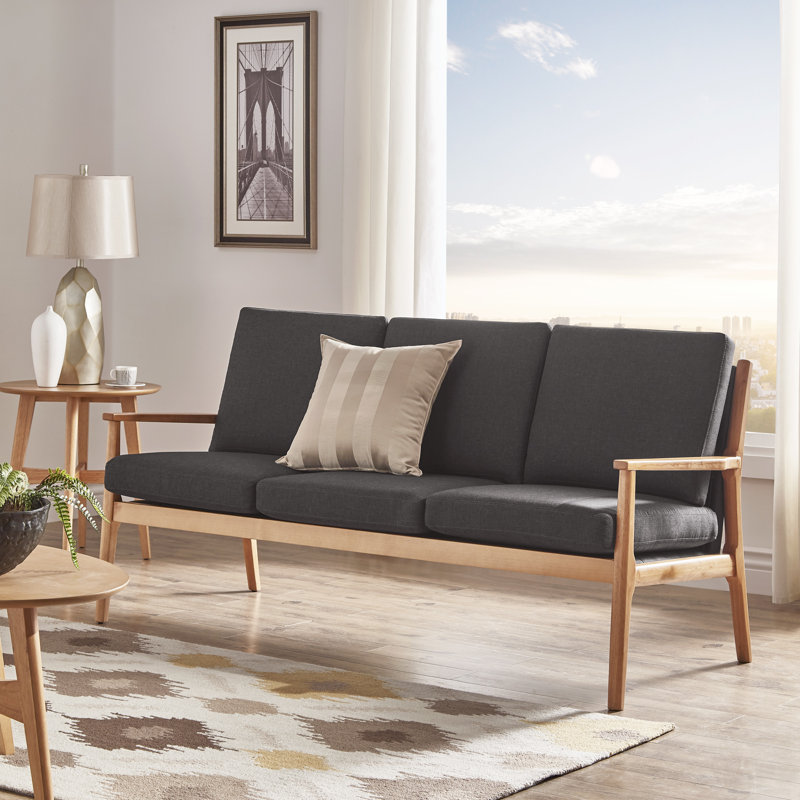 Misbah 71'' Upholstered Sofa, Dark Grey Linen, Natural Wood