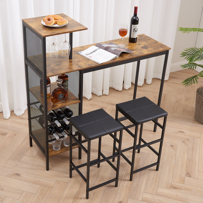 Alaura 3-Piece Brown/Black Counter Height Dining Table Set with Storage Shelves, Wine Rack & Upholstered Bar Stools – Small Space Kitchen Table Set, Breakfast Nook Pub Dining Set