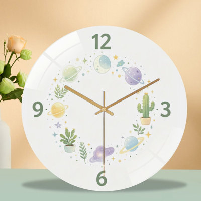 12-Inch Silent Tempered Glass Wall Clock, " Planets Plants Clock ” Silent Non-Ticking Clock, Battery Operated (AA Batteries Not Included), Artistic Home Decor