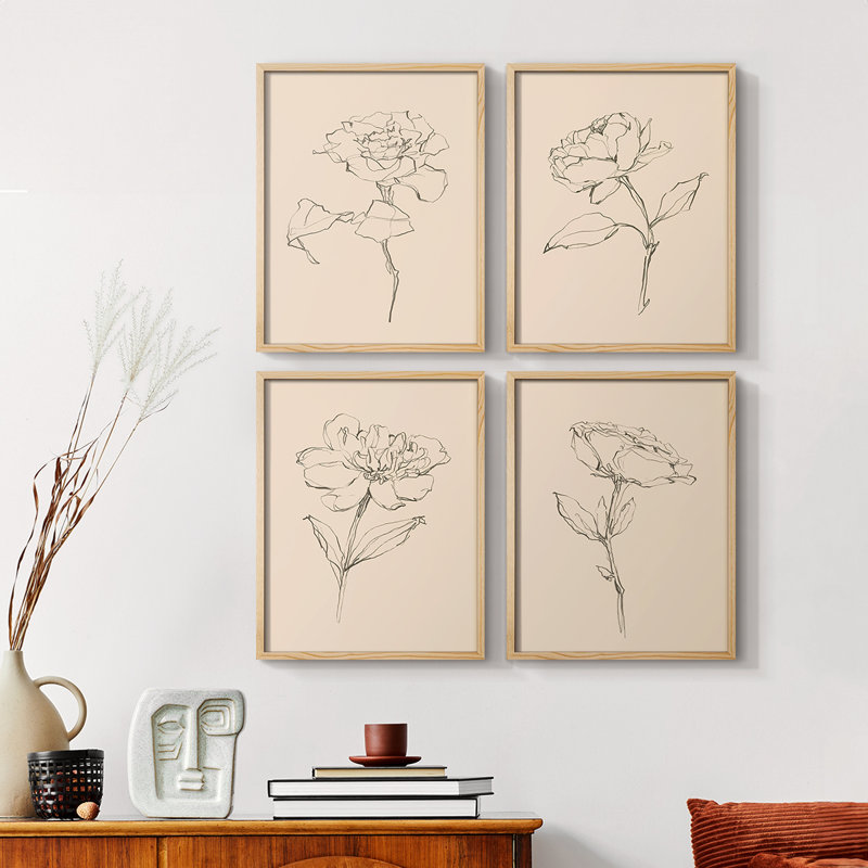 «Floral Contour Study I», ensemble de 4 encadrées, Noir, H 28 po x l 22 po