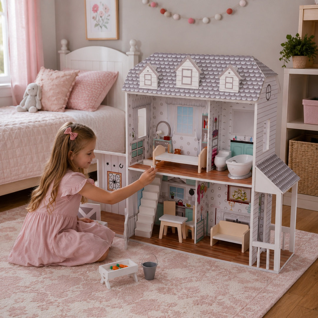 B&Q -  2-Story Wooden Dollhouse With StableGreyFarmhouse - Image 6