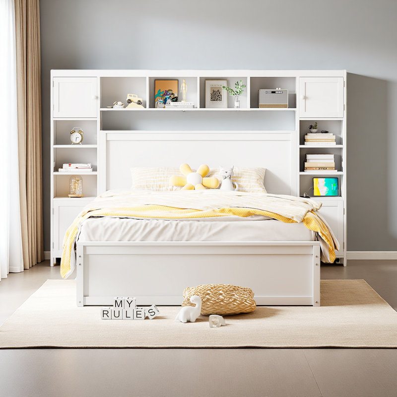 Grand lit en bois avec armoire tout-en-un, tablette et prises, lit gigogne simple TG, Grand lit, Blanc