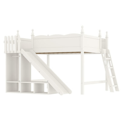 Queen Loft Bed with Storage Shelves and Wardrobe, Solid Wood Loft Beds with Detachable Slide and Ladders, No Spring Box Needed,Beige.(Patent Protection)