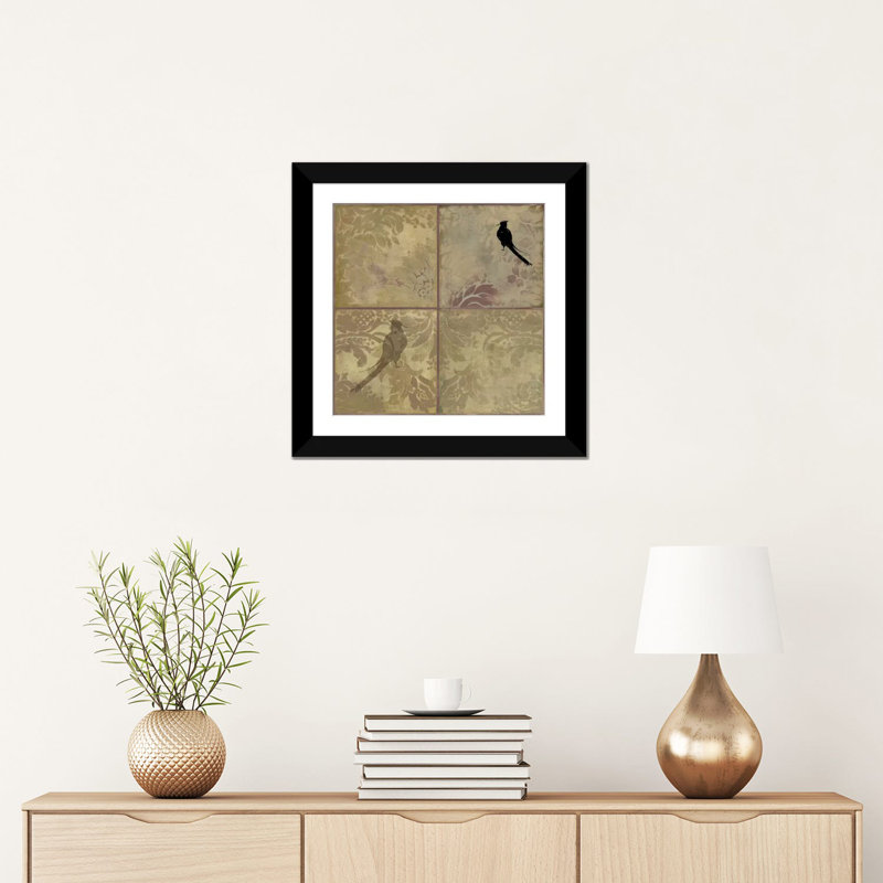 «Damask Birds», reproduction sur toile, H 16 po x l 16 po x P 1 po, Papier beaux-arts encadré noir, Blanc