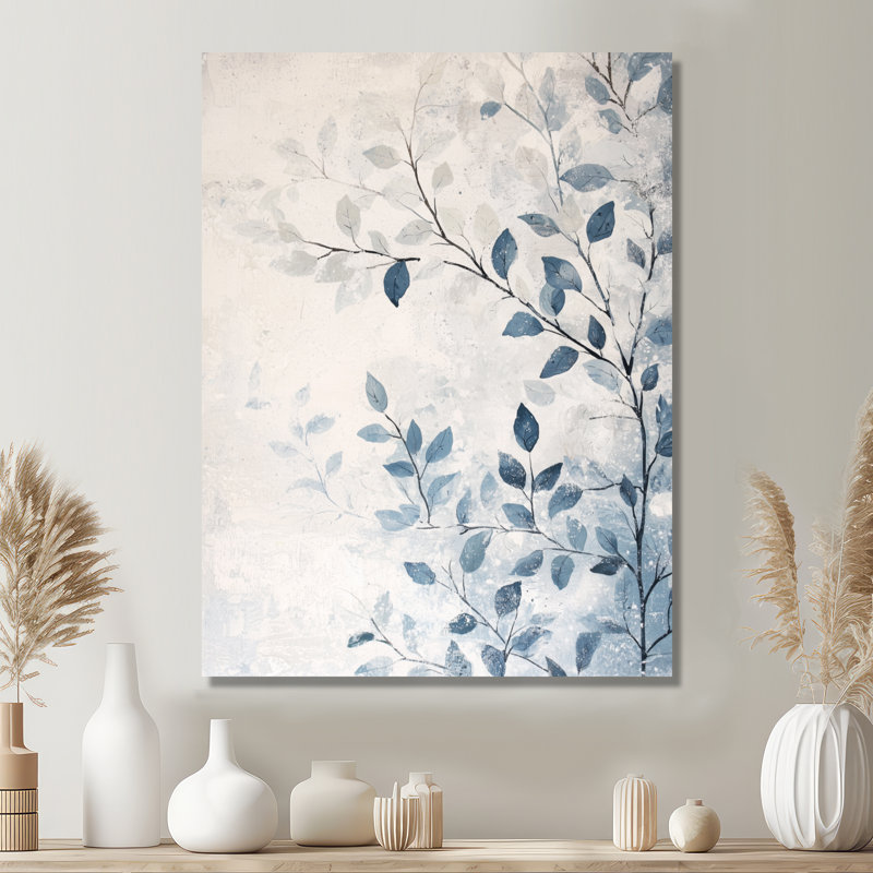 Branches, laissez dans la neige II - feuilles, décor métallique, impression traditionnelle sur métal, H 20 po x l 12 po