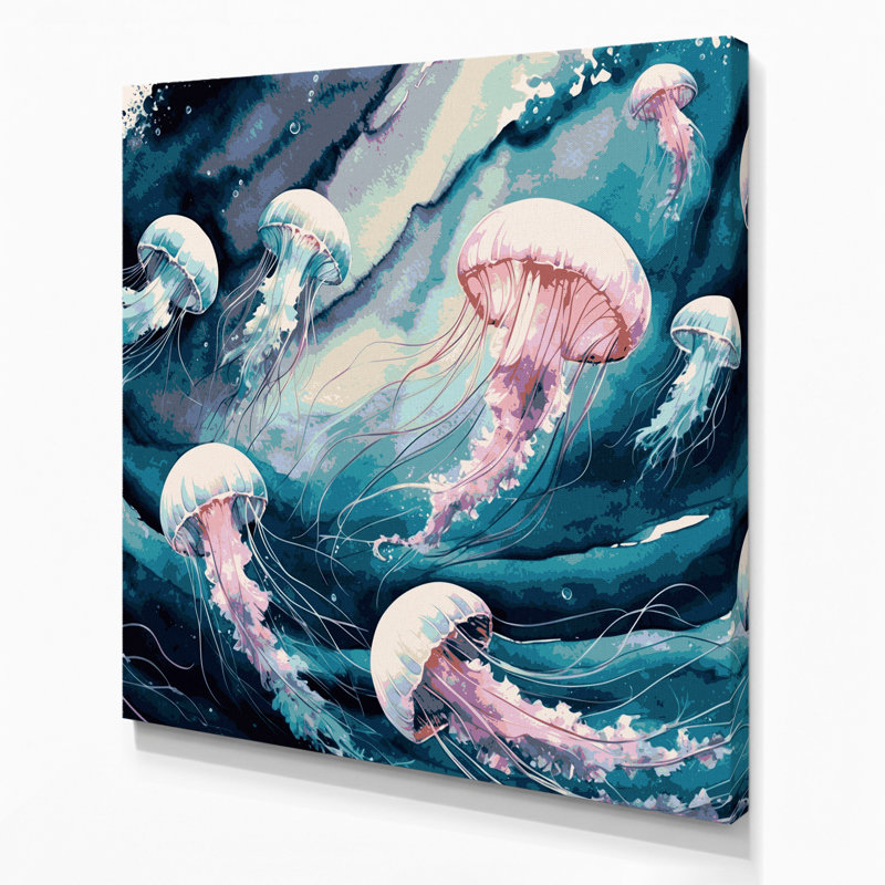 Art mural sur toile bleu méduse nautique, H 32 po x l 32 po
