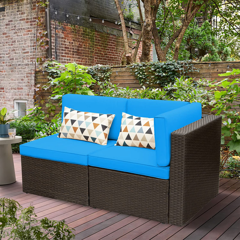 51'' Wide Wicker Patio Sofa with Cushions, Blue