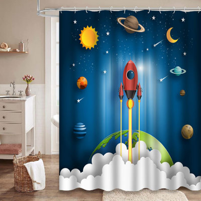 Art Style Rocket Flying Earth Start Flat Planet Space Cartoon Earth Moon Earth Shower Curtain with 12 Hooks