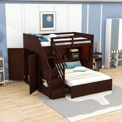 Bunk Bed with Storage Stairs, Wardrobe, USB Ports, Shelves, and Lights