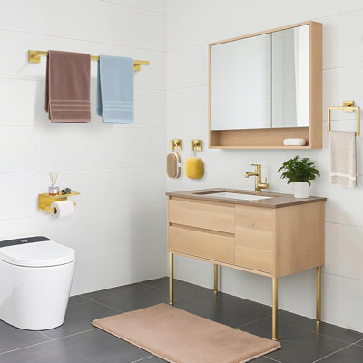 5-Piece Brushed Gold Square Bathroom Hardware Set, SUS304 Stainless Steel 23.6 Inch Towel Bar Toilet Paper Holder with Shelf Coat Hook Kit