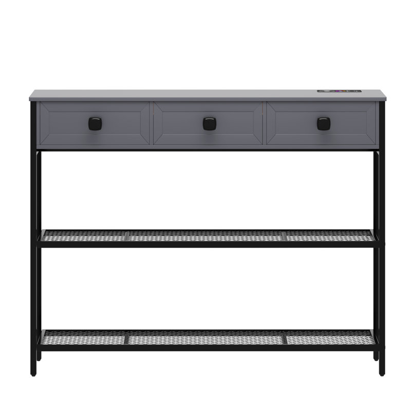 Jasvindir 3 Drawer Console Table with Charging Station and RGB Lights, Grey