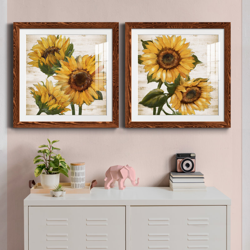 Tournesol d'été I - ensemble de 2 peintures, Papier dans un cadre photo, H 20 po x l 40 po, Érable