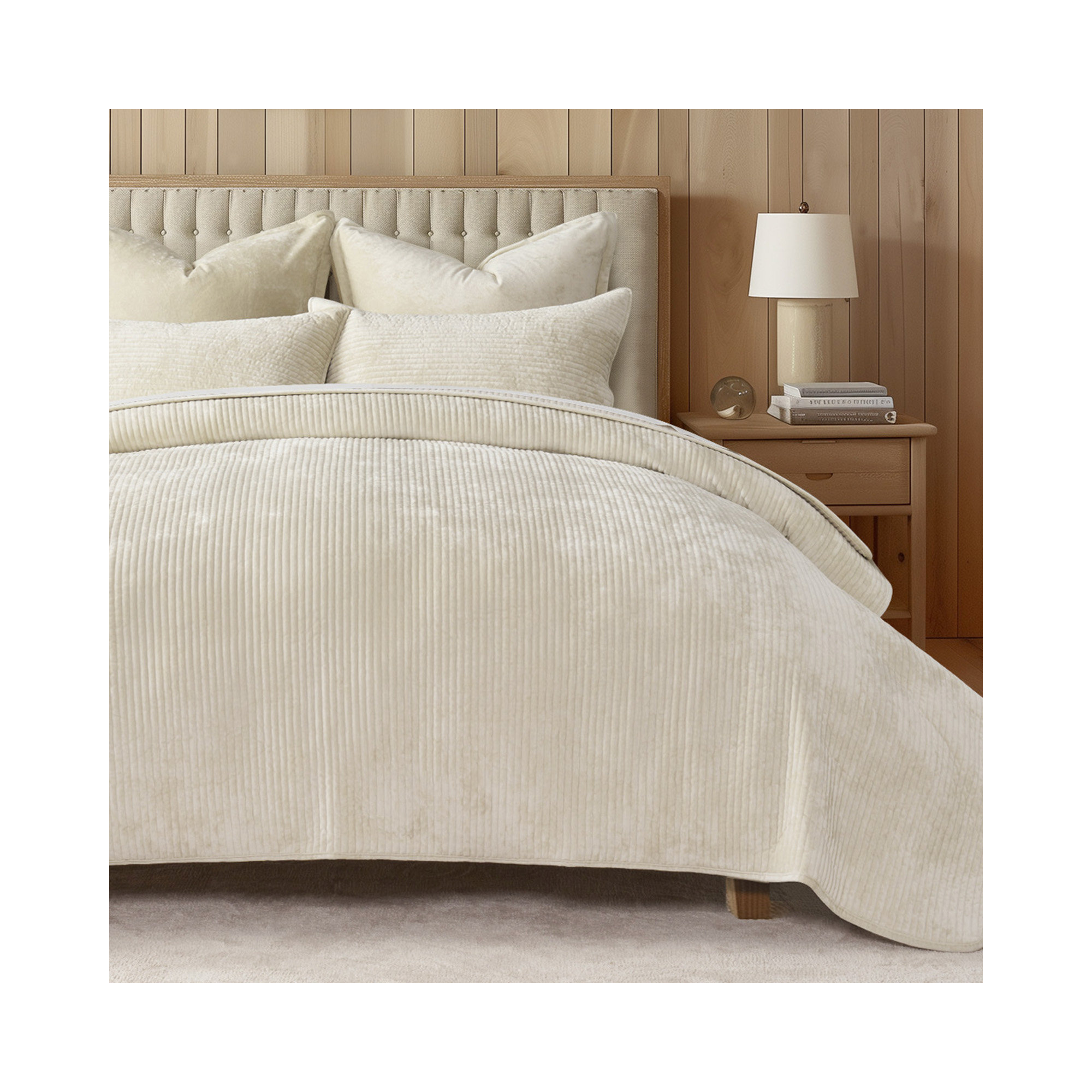 Striped Channel Velvet Quilt Set, Queen, Light Sand