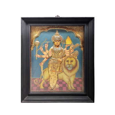 Goddess Durga Tanjore Painting | Traditional Colors With 24K Gold | Teakwood Frame