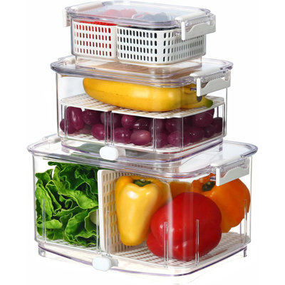 Fresh Produce Saver For Fridge + Vent, ALL IN ONE Fruit Veggie Washing Basket Container With Drain, Colander Strainer Tray , Kitchen Refrigerator Bin For Berry Vegetable Salad Keeper, Gifts