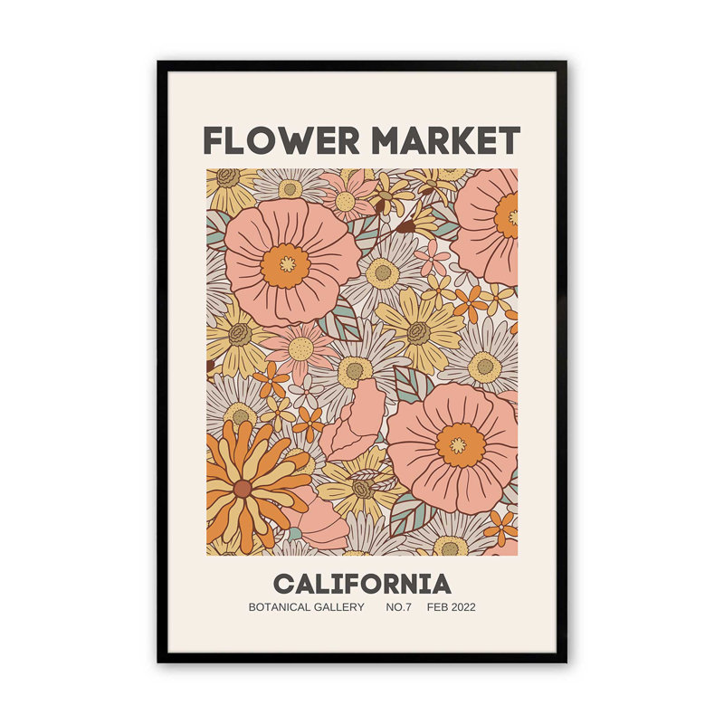 Impression rétro du marché aux fleurs de Californie, H 17 po x l 13 po, Cadre photo noir simple