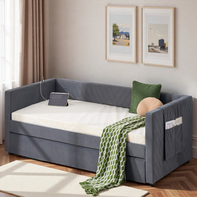 Upholstered Daybed With Trundle, Usb Port And Side Pockets