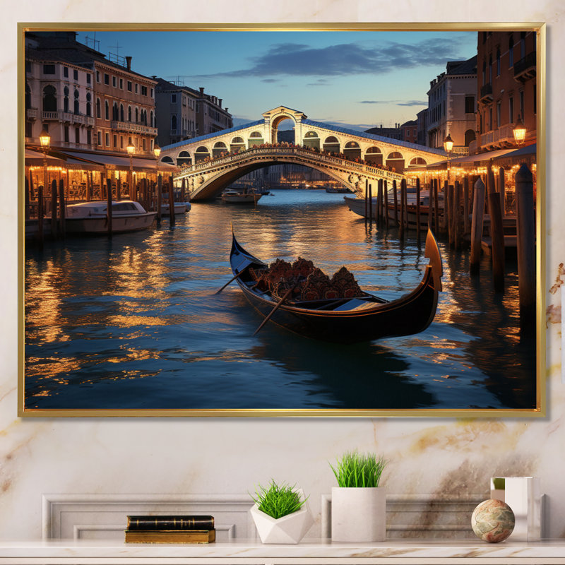Italie, pont du Rialto Ponte II - Italie, art mural, Cadre flottant doré, H 34 po x l 44 po x P 1,5 po