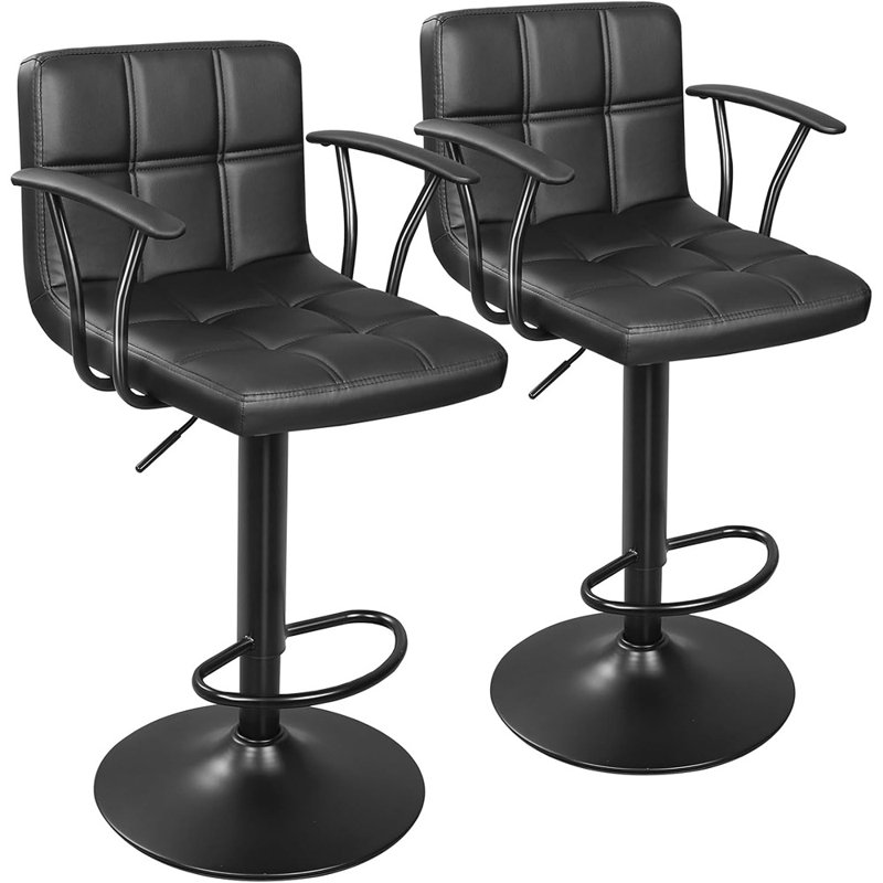Ensemble de 2 tabourets de bar pivotants réglables avec dossier et accoudoirs à hauteur de comptoir en cuir polyuréthane à double aiguille pour l'îlot de cuisine (noir)