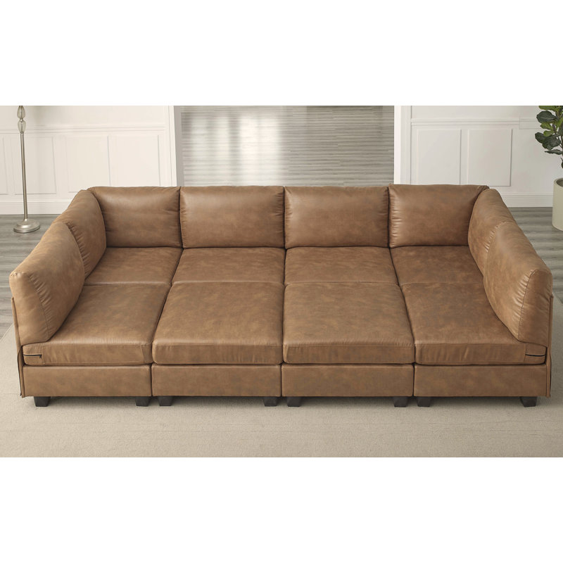 Barnwell Faux Leather U-Shaped Sectional, Square, Ginger Faux Leather