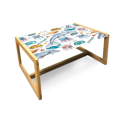 East Urban Home Nautical Blue Coffee Table, Marine Animals Pattern With Dolphin And Jellyfish Colorful Shells Graphic, Acrylic Glass Center Table With -  E86F49639E84403F8E168492D2E71488
