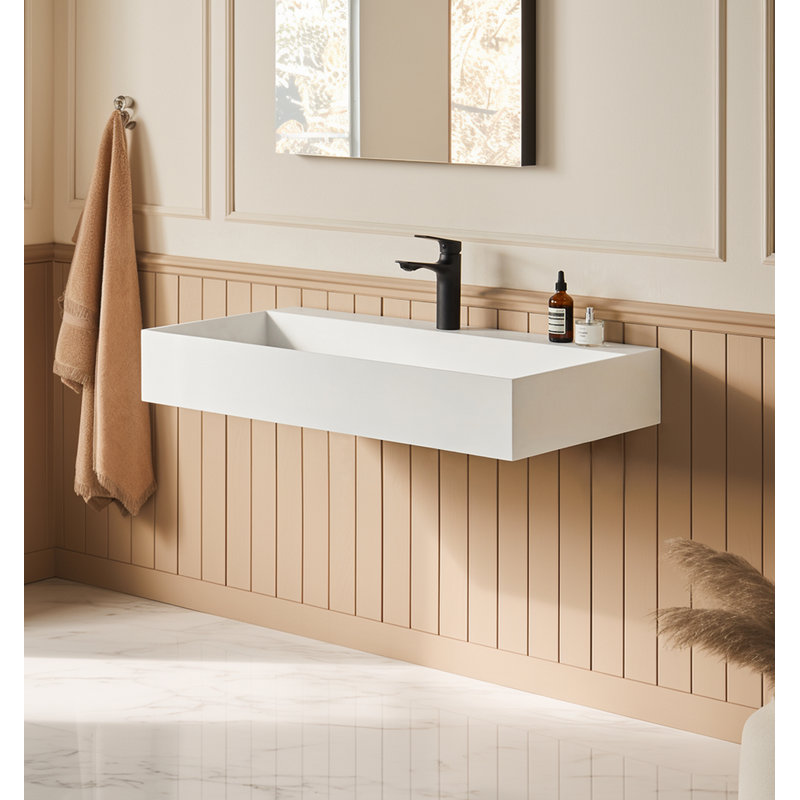 Évier vasque rectangulaire à surface solide avec installation murale 36 po x 18 po blanc mat avec trou pour robinet