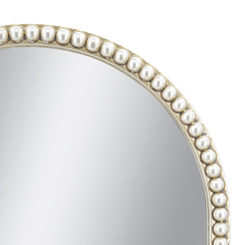 Champagne Gold Arched Wall Mirror with Pearl Beaded Trim for Bedroom and Living Room Decor