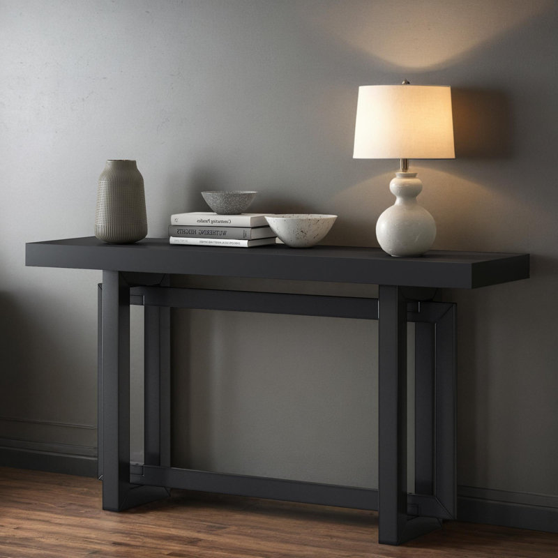 59" Solid Wood Console Table, Dark Black Duplicate, Black
